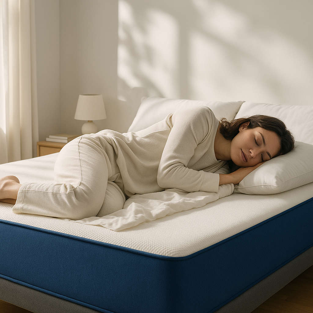 用户侧卧在蓝盒子床垫上，享受阳光卧室的宁静